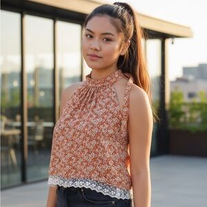 Floral Halter Neck Sleeveless Crop Top - Terracotta & Lace Hem